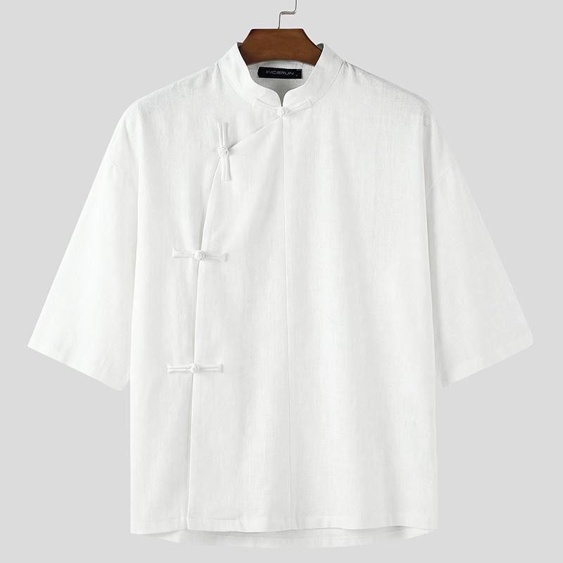INCERUN Summer Men Vintage Stand Neck Short Sleeve Side Buttons Casual Vintage Shirts