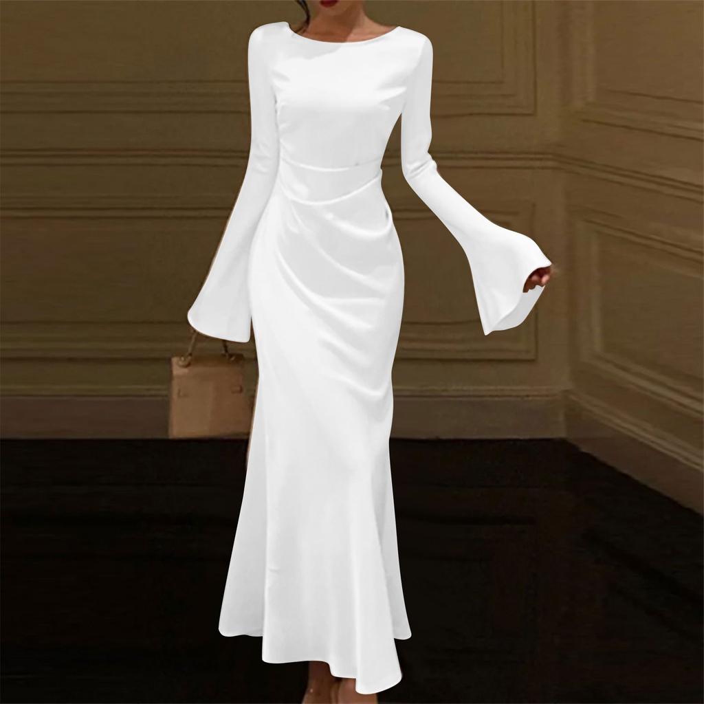 Women's Spring And Round Neck Long Sleeve Fishtail Dress Color Daily Slim Dresses