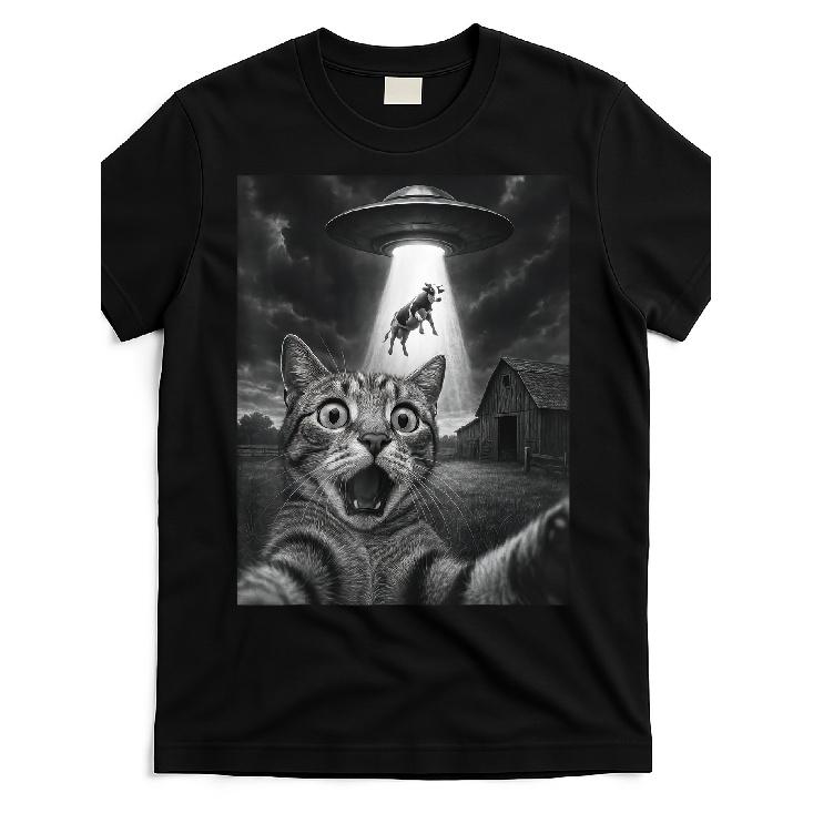 Men S Funny UFO Alien Cow And Cat Taking Selfie Graphic T-Shirt - Black Retro Sci-Fi Novelty Tee with Flying Saucer And Farm Animal Design, Cat UFO, S чёрный