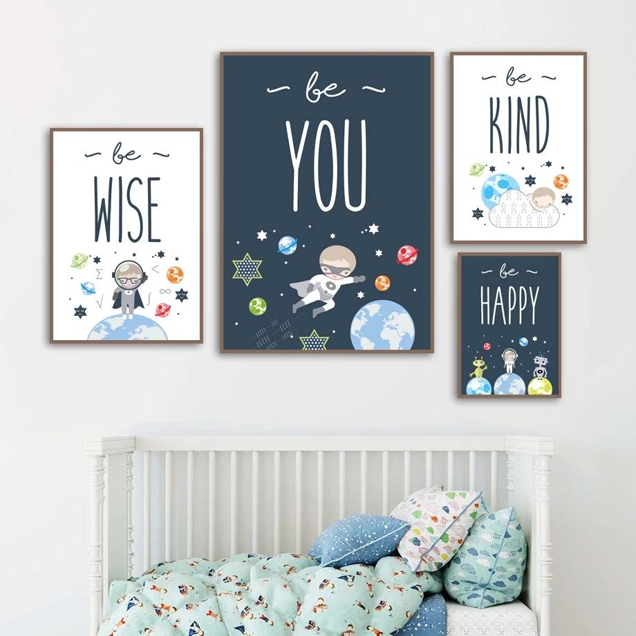 

Астронавт Планета Ракета с позитивными цитатами, детский постер, настенная живопись для мальчиков, спальня, холст, картина, настенная картина, декор для детской комнаты, живопись