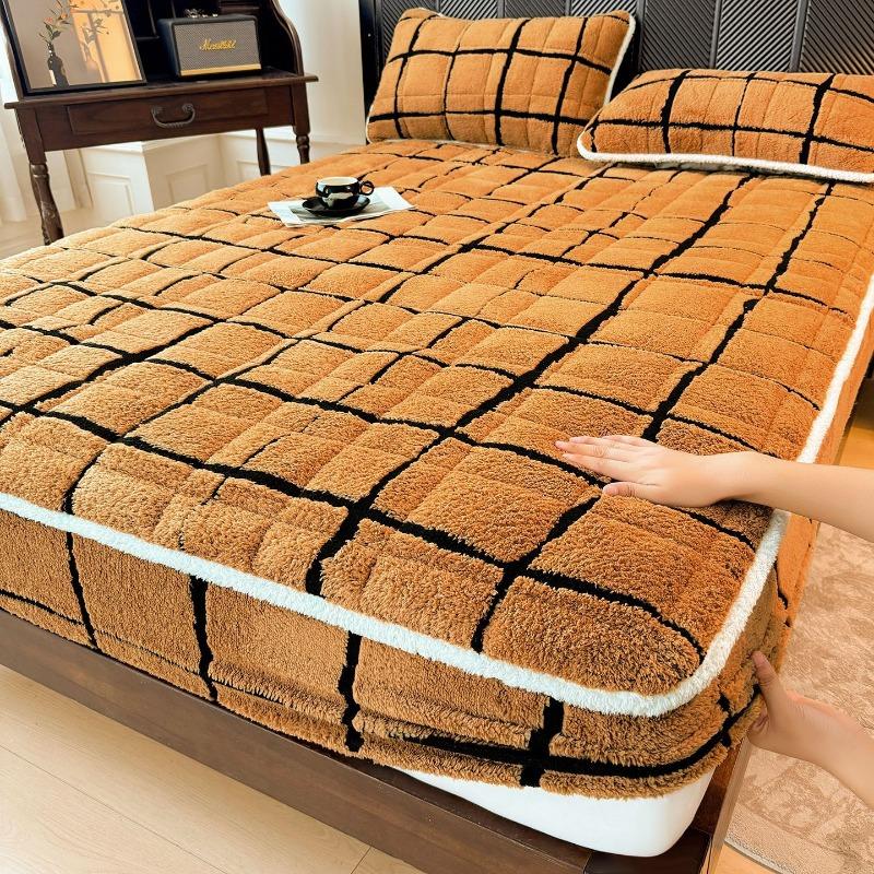 New Jacquard Solid Color Plaid Fitted Sheet Thickened Padded Autumn and Winter Warm Bed Cover Three-Piece Set 180x200cm 3pcs оранжевый