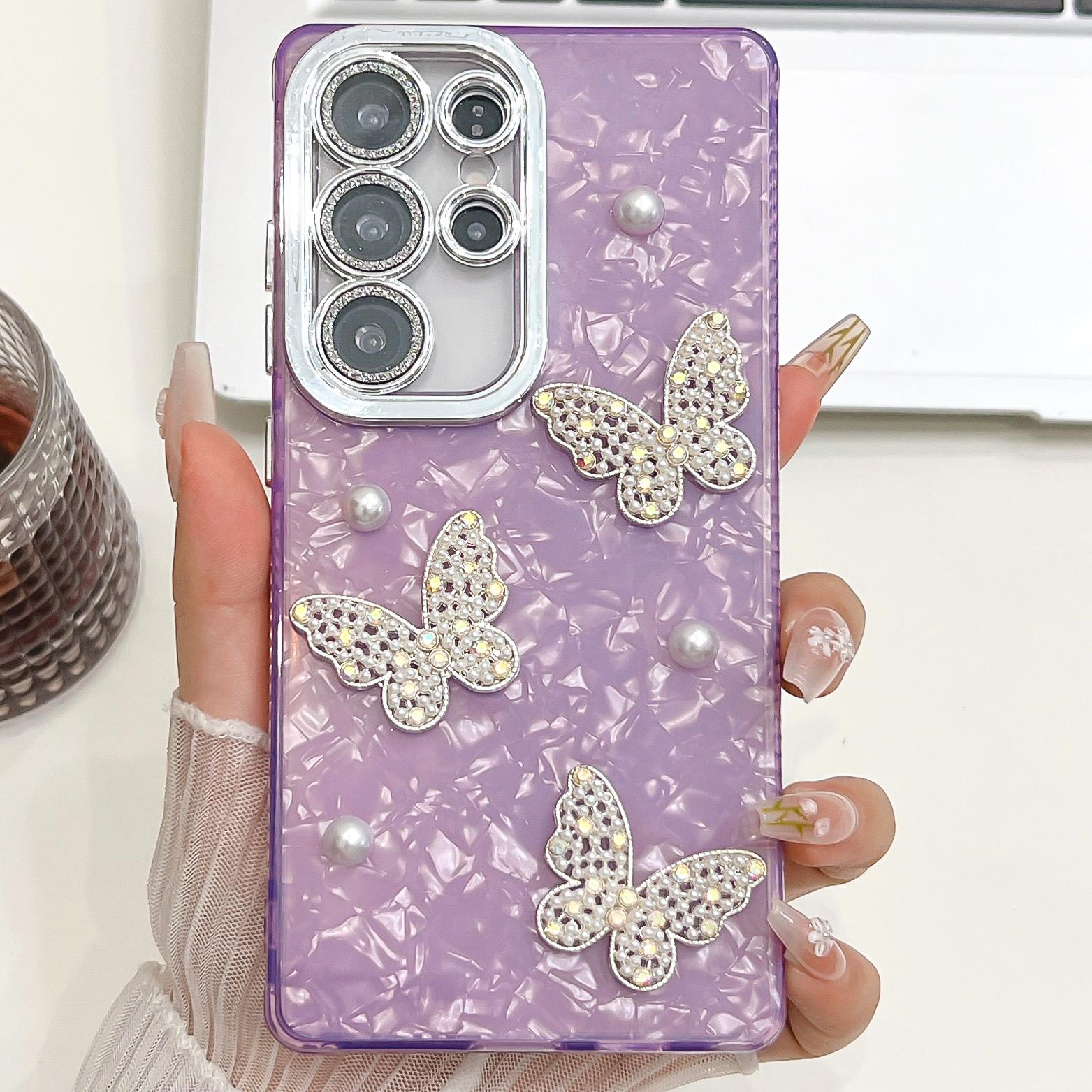 

For Samsung Galaxy S24 Ultra Case Butterfly Pearl Decor IMD PC+TPU Phone Cover with Glass Lens Film Feather Yarn/Rose Gold
