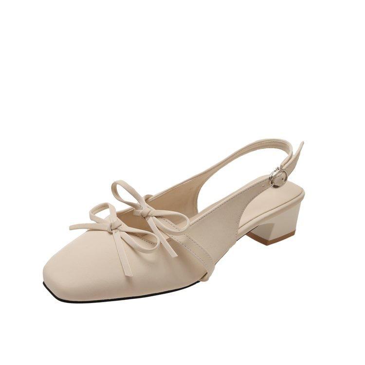 

25 retro square head bow bag head sandals thick heel rear strap shallow mouth single shoes women 39