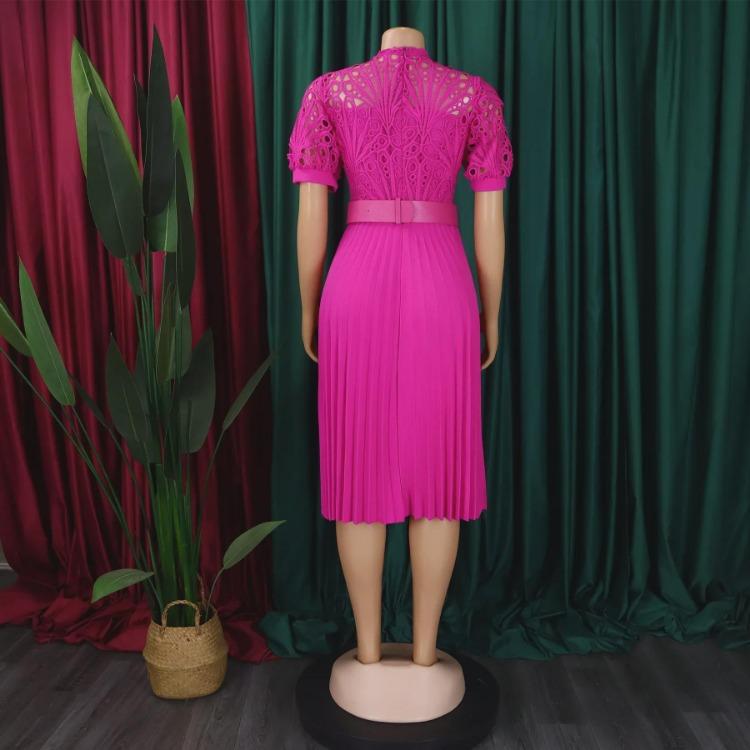 2024 European American Style Women Lace Pleated Short Sleeve Dress