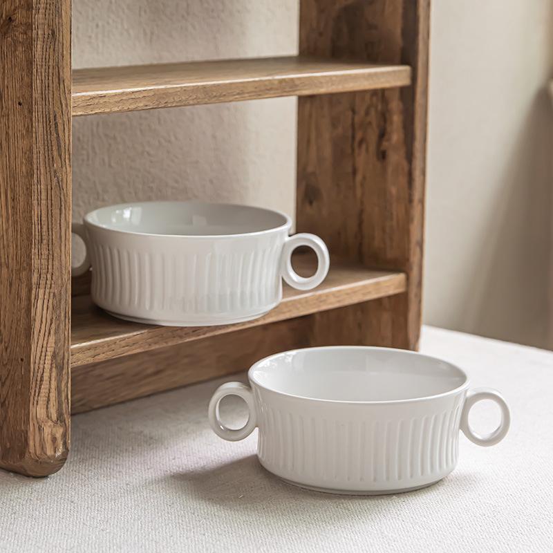 High Value Ceramic Characteristic Relief Binaural Bowl Solid Color Tableware Bowl Household Soup Bowl Yogurt Dessert Bowl Vegetable Bowl Noodle Bowl