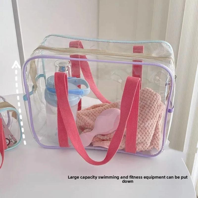 PVC Transparent Storage Bag Large Capacity Waterproof Cosmetic Bag Double-Handle Travel Beach Swimming Makeup Organizer Bag