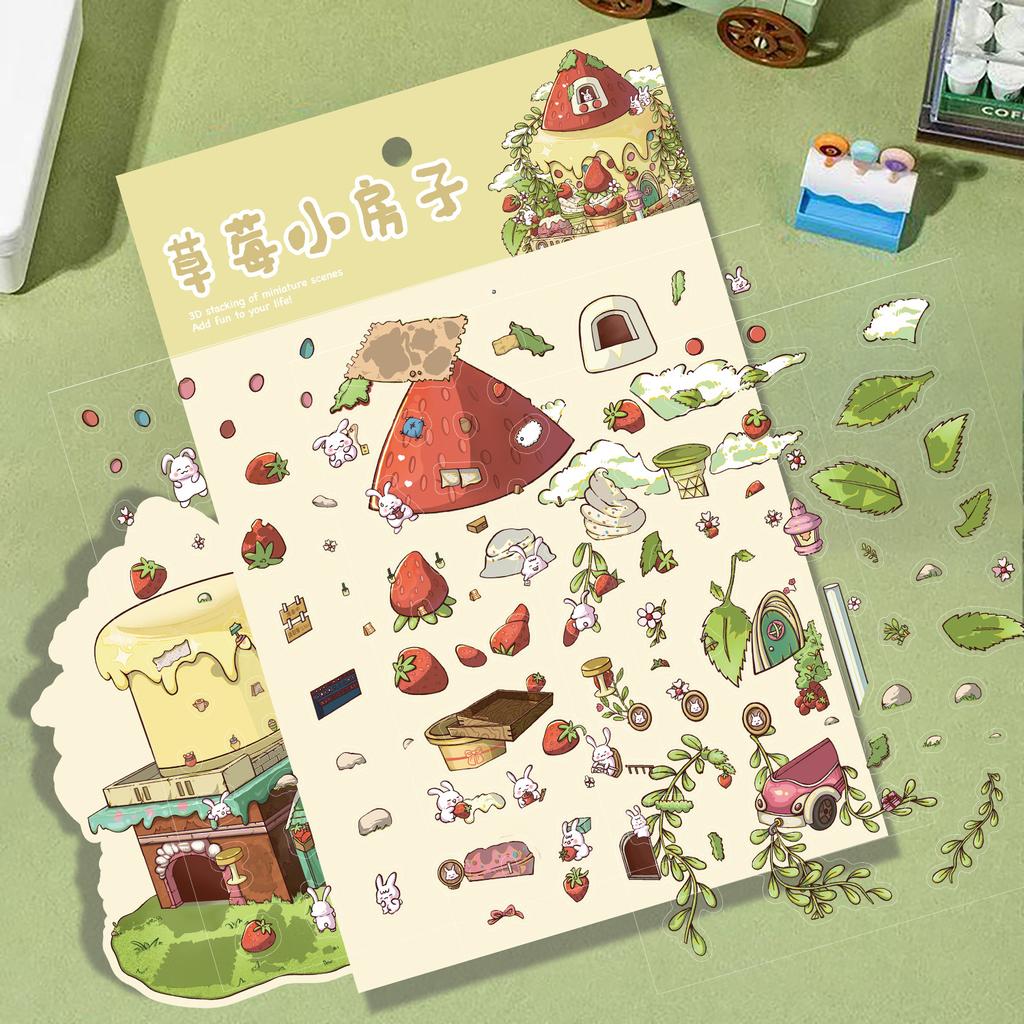 Cartoon Large Strawberry House Landscaping Sticker 3D Miniature World Unzipped DIY Scene Manual