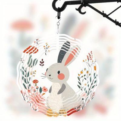 Whimsical 10 Inch Rabbit Wind Spinner Vibrant Floral and Mushroom Design Metal Hanging Art for Garden Balcony Seasonal Decor Ideal Gift