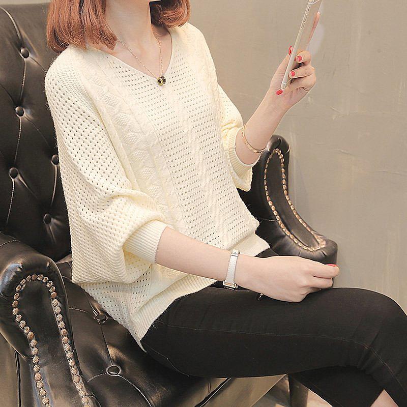 Autumn and Winter Women's Bat Shirt Loose Pullover Knit Top Hollow Lantern Sleeve Knit Sweater Women's Jacket