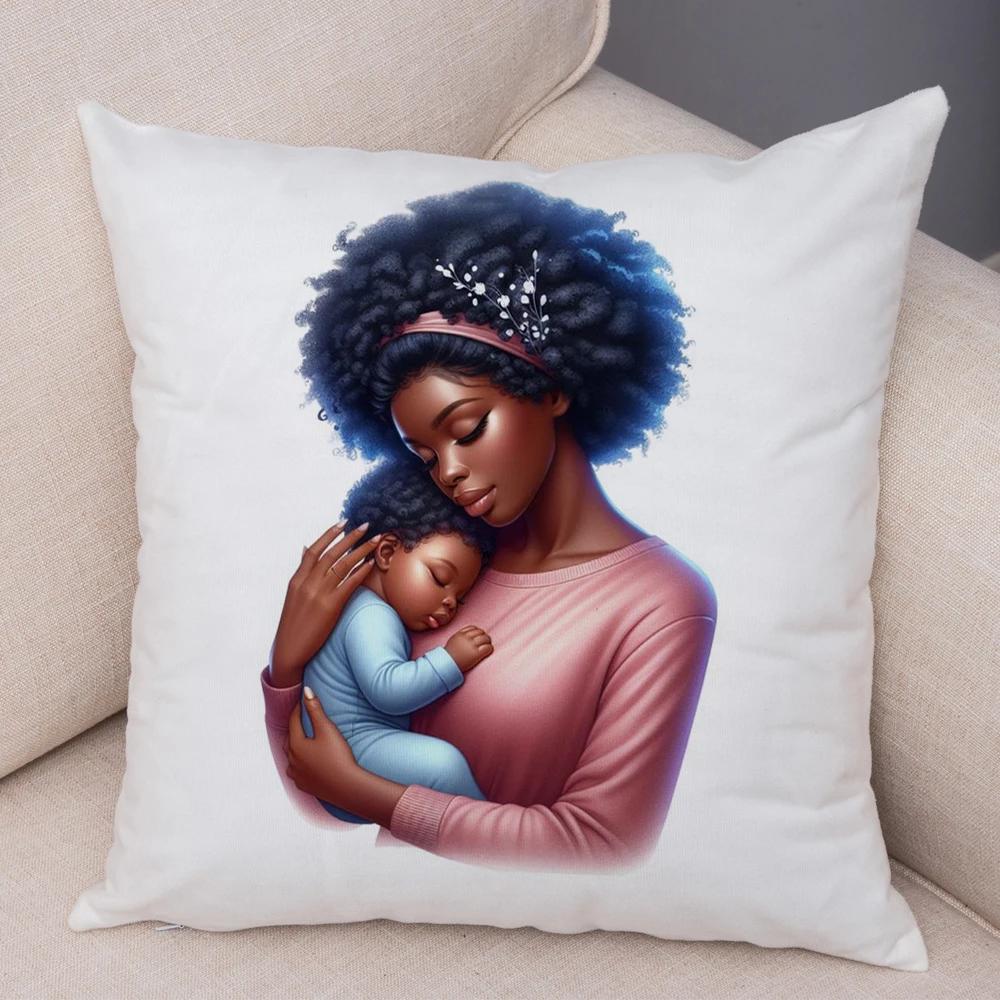 Africa Mom And Baby Pillow Case Decor Cartoon Beautiful Black Women Cushion Cover For Sofa Home Short Plush Pillowcase 45X45Cm