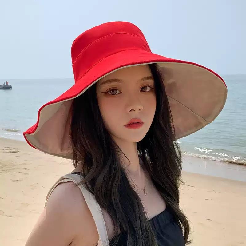 Women's large brim bucket hat UV protection face cover sun hat fashion sunshade basin hat embroidery