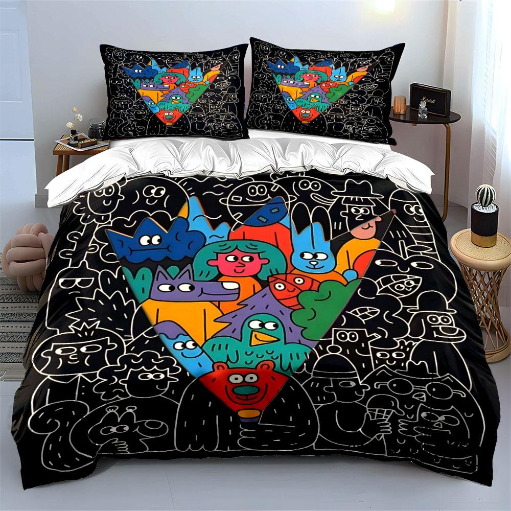 Cartoon Animals and Characters Illustration Print Bedding Set 1 Duvet Cover 2 Pillowcases for Adult and Children Luxury Gift