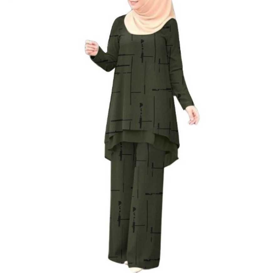 Women's Muslim Daily Double-Layer Vertical Stripe Chiffon Set with Elastic Waistband