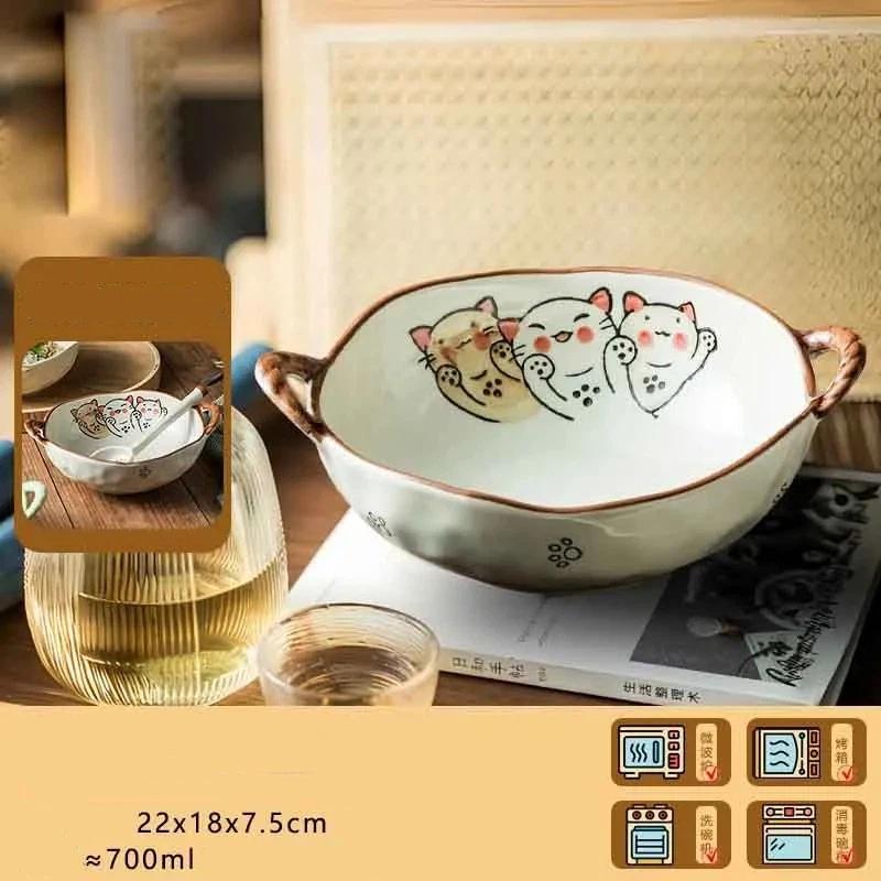 Irregular Cartoon Underglaze Ceramic Bowl with Double Handles, Large Capacity Fruit, Salad & Snack Bowl A
