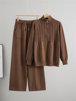 Women's Autumn/Winter Fashionable Knit Set: Half-Zip Sweater & Wide-Leg Pants