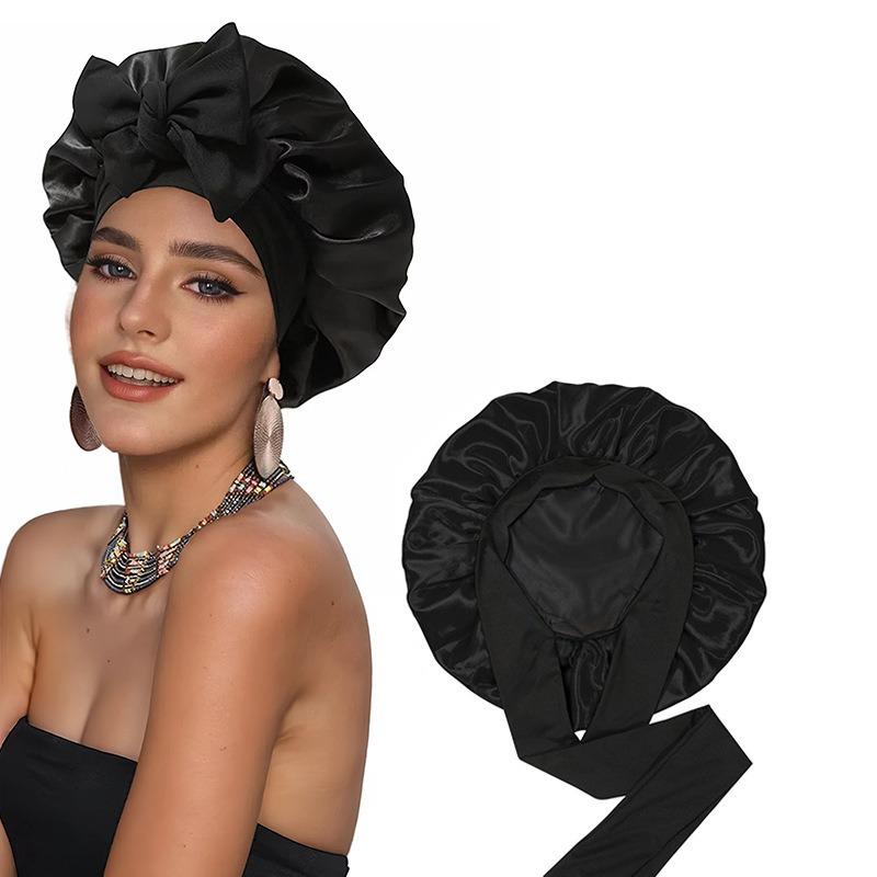 Double-Layer Satin Bow Tie Sleep Cap for Women - Reversible Bandana Style Bonnet for Hair Care