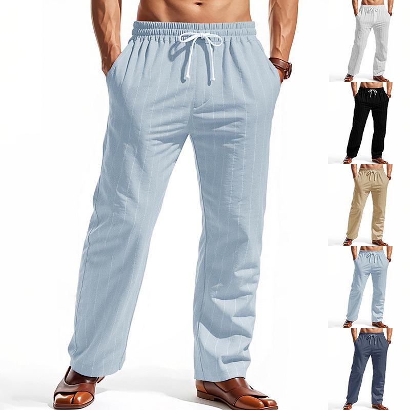 2026 Men's Linen Summer Pants Beach Pants Drawstring Vertical Stripes Straight Casual Breathable Comfortable Long Trousers