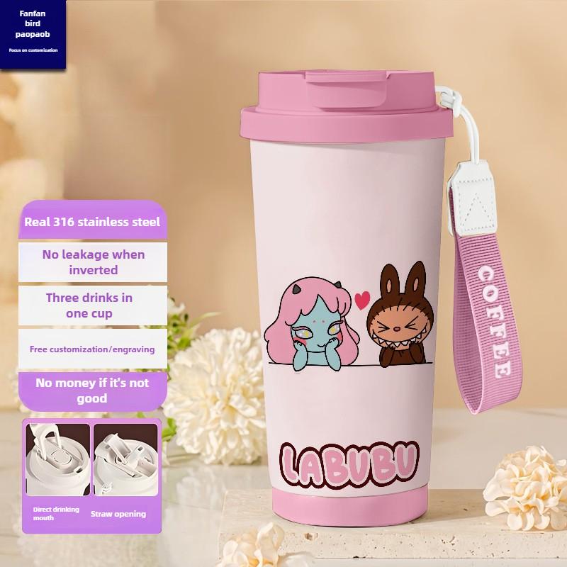 Tecknad Rostfri Stålkopp Högvärdig Termosmugg 3D Dubbel Drickstrå Kaffekopp