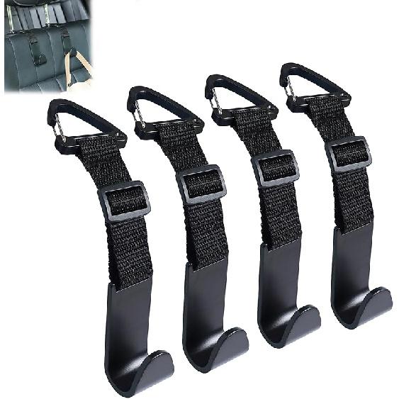 Amooca Headrest Hooks For Car Adjustable 4 Pack Vehicle Seat Back Organizer Storage Hanger Holder For Purse Bags Universal Fit With Clip Beige