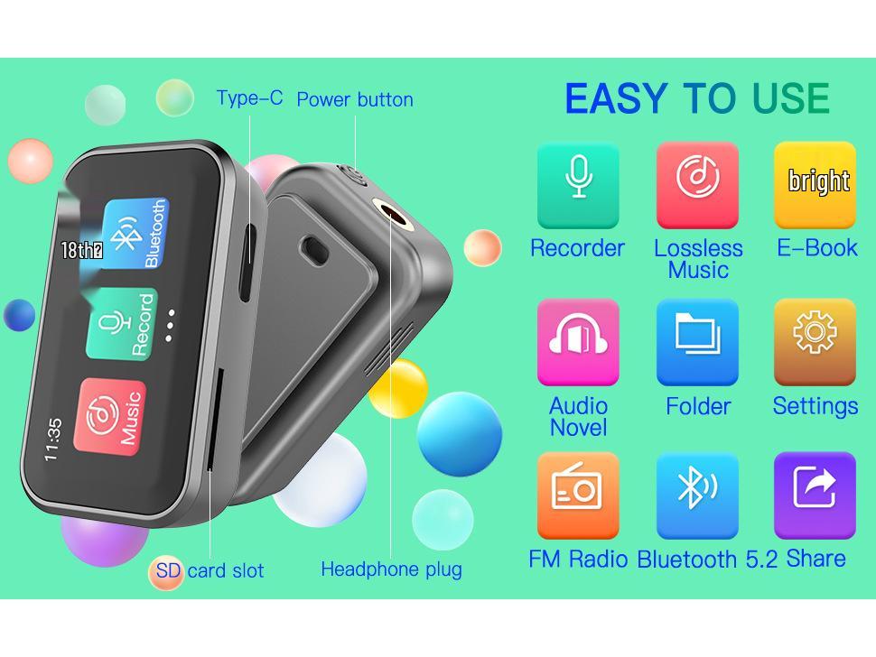 Bluetooth Mini MP3 Player, E-book and Voice Recorder with Speaker & FM Radio