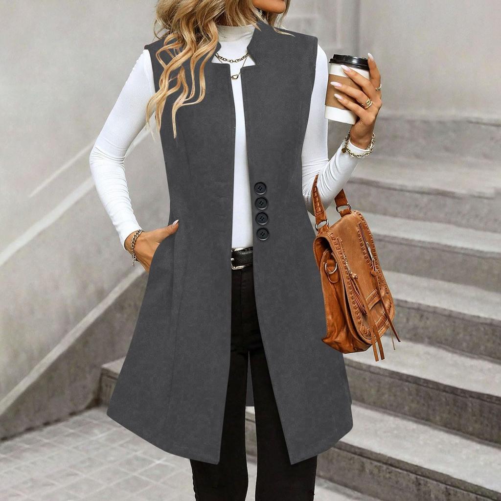Women's Fashionable Casual Lapel Buttoned Waistcoat Sleeveless Solid-Colour Jacket