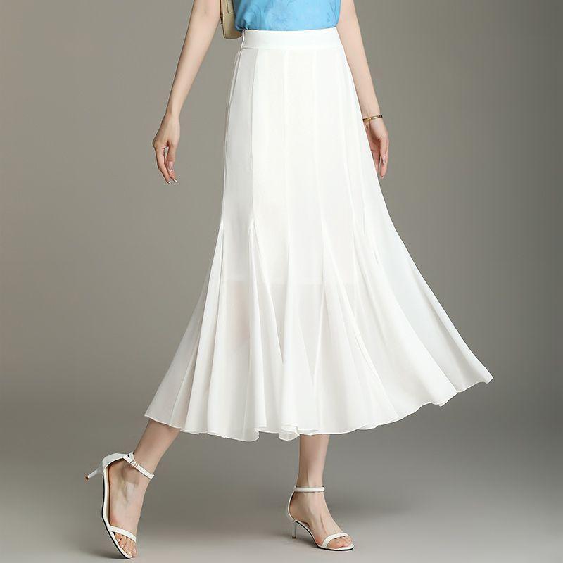 Fustă de vară din șifon până la jumătatea corpului Alb pentru femei Mărime medie spre lungă Talie înaltă Culoare solidă mare Fustă A-line Croială slim Fustă mare