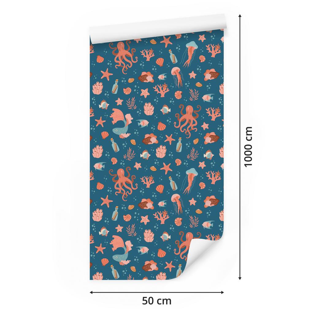 Wallpaper Sea Animals Blue and Turquoise for Living Room and Bedroom 50x1000