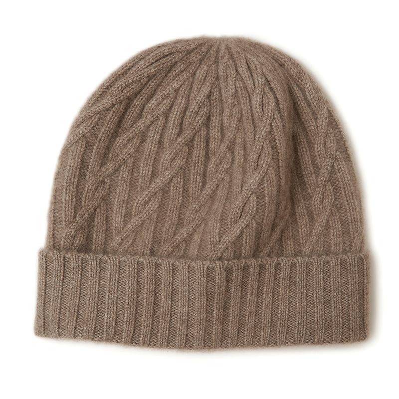 Women's Warm Cable Knit Turn-up Hat - Pure Cashmere, Ear Protection, Windproof, Solid Color for Autumn/Winter