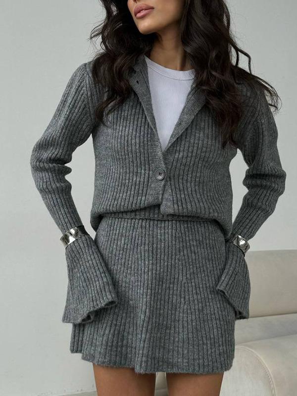 Solid-Color Knit Sweater Set Minimalist Cardigan Top and Bodycon Skirt Two-Piece Set