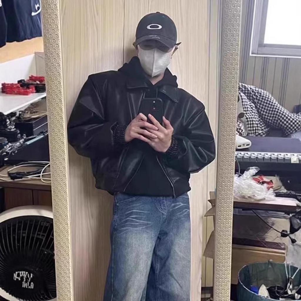 Men's Retro PU Leather Jacket with Padded Shoulders - Spring/Autumn Trendy Loose Fit