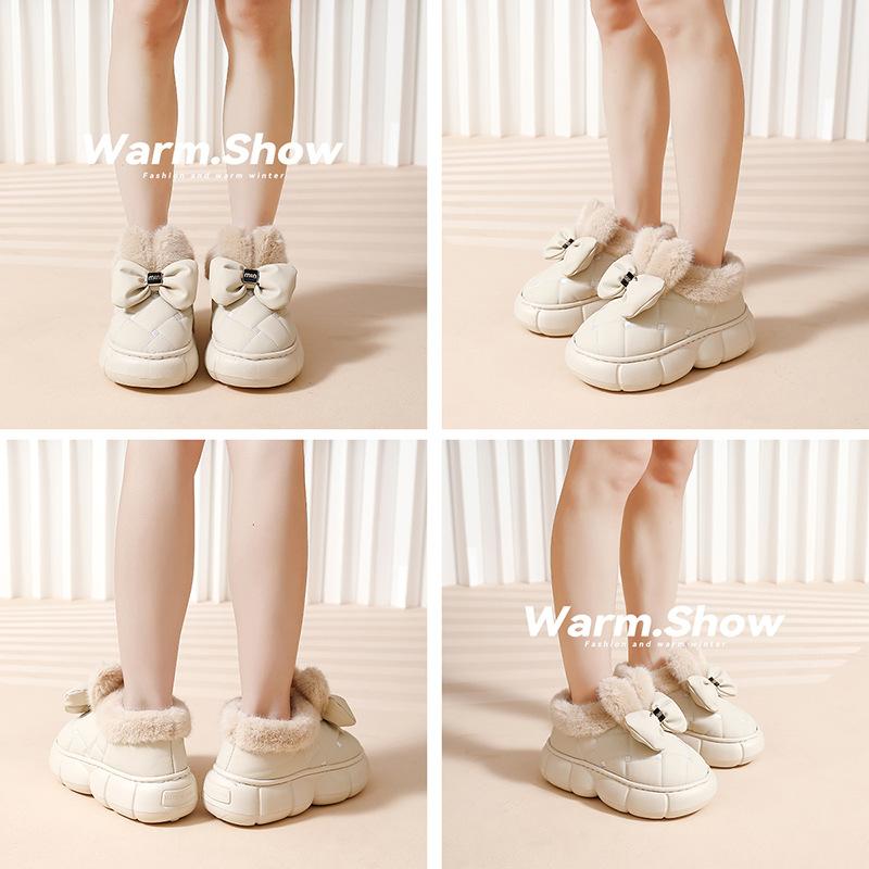 Bow cotton slippers women's winter bag heel cute home household plush warm plush women's cotton shoes winter