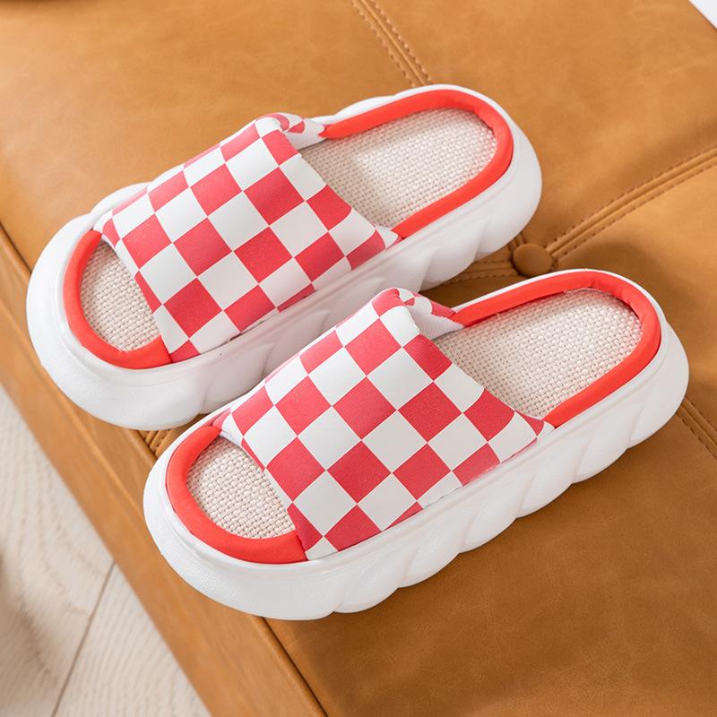 Four Seasons Linen Thick-soled Slippers Checkerboard Simple Home Non-slip Cool Slippers Couple Wooden Floor Mop