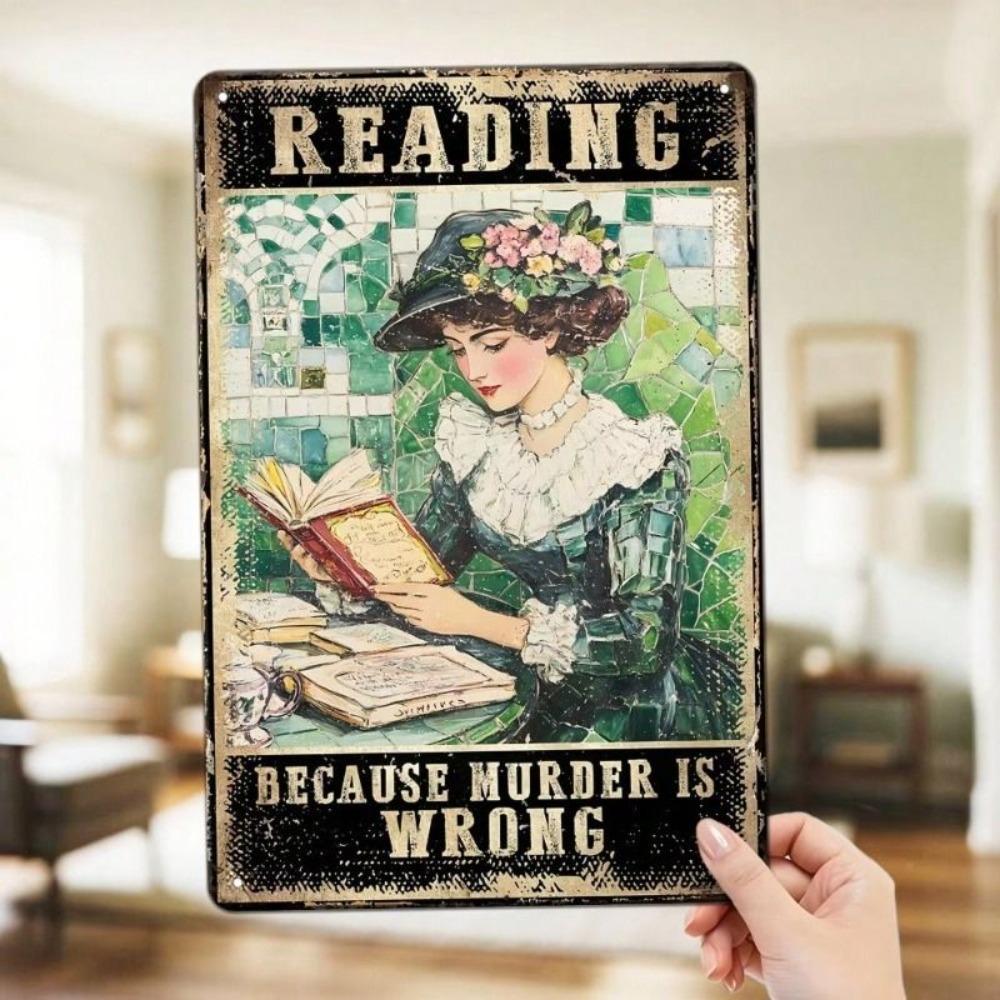 Vintage Girl Reading Book Metal Poster Wall Decor for Bedroom
