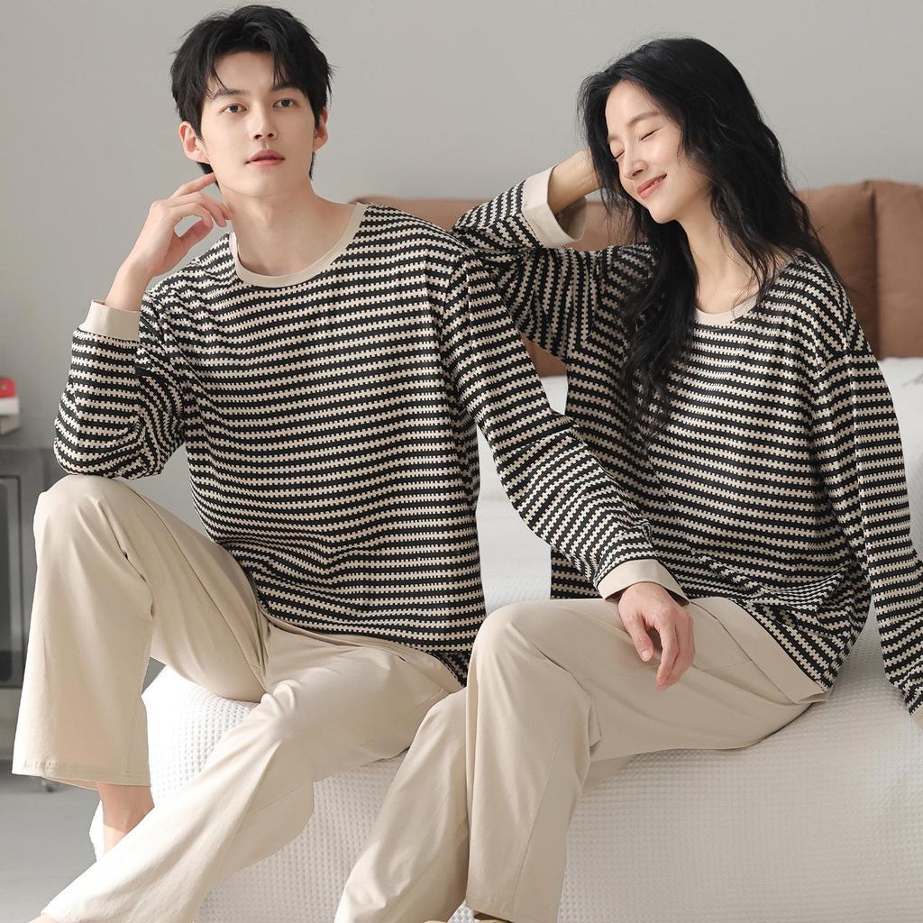 2025 New Couple's Pure Cotton Striped Pajama Set - Long Sleeve for Spring and Autumn