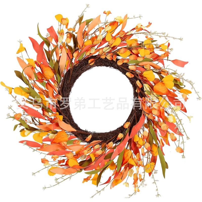 Harvest Wreath With Pumpkins Berries Vine Circle Halloween Thanksgiving Door Decor