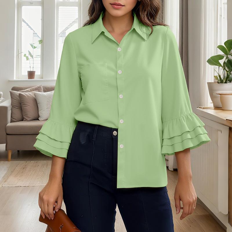 ZANZEA Women Casual Turn Down Collar Solid Color 3/4 Sleeve Loose Blouse