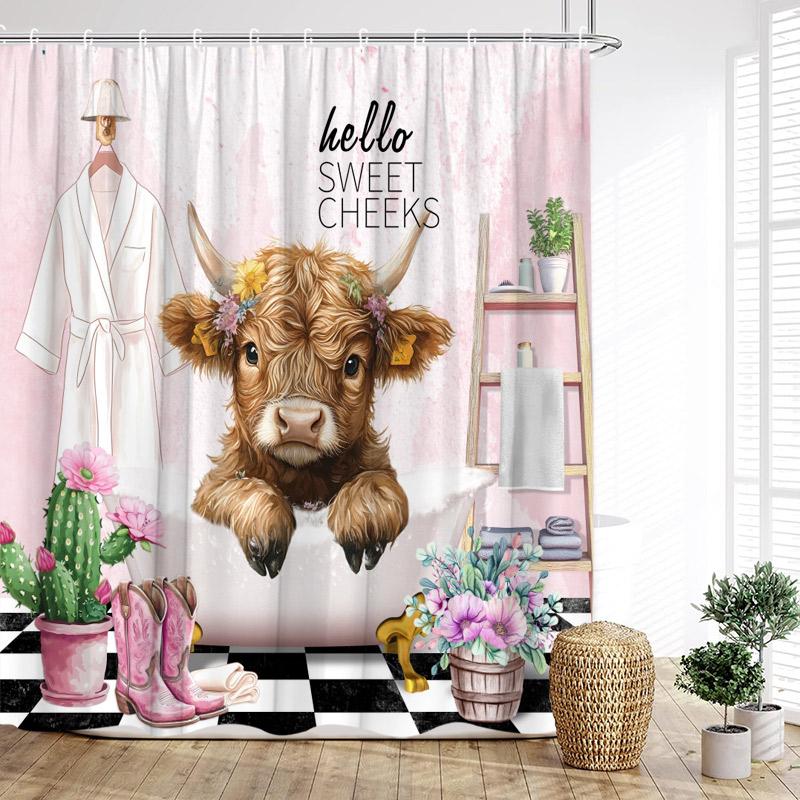 Funny Bathing Highland Cattle Shower Curtains Blue Bathtub Bath Curtain Window Ocean Landscape Bathroom Decoration with Hooks