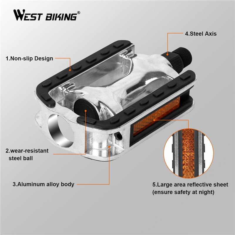 WEST BIKING Bike Pedals Anti-slip Aluminum Alloy Ultralight Cycling Pedals 14mm Thread Diameter Mountain Road Bicycle Pedal 6