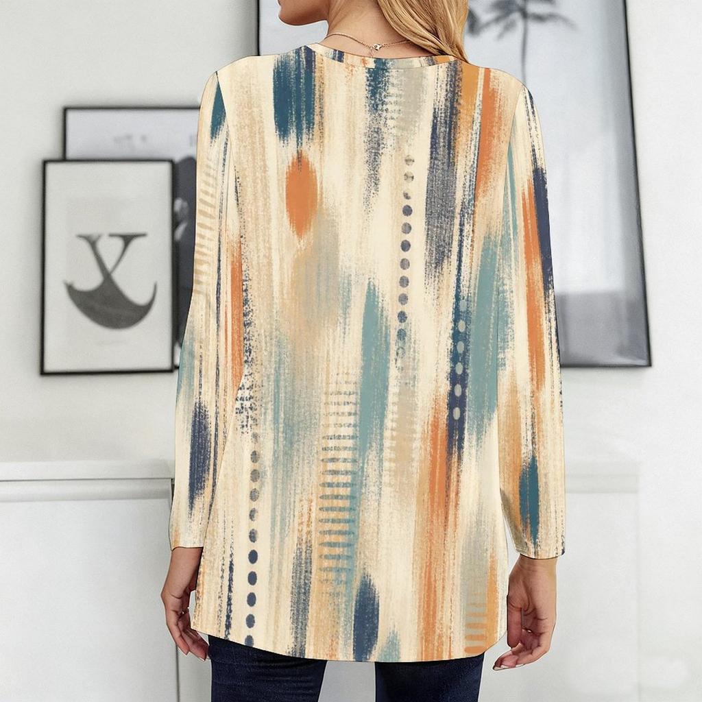 Women Plus Size Round Neck Long Sleeve Abstract Printed Loose Fit Longline T Shirt With Pockets