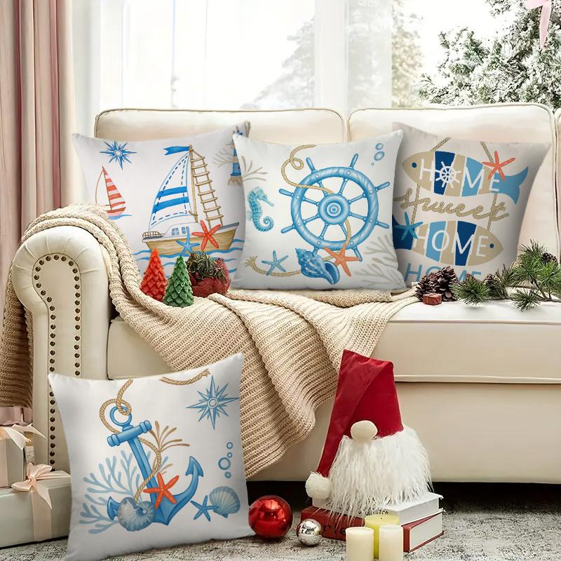 Starfish Shells Seaweed Scene Digital Printing Pillow Cover Short Plush Suitable Living Rooms Bedrooms Sofas Throw Cushion Cover
