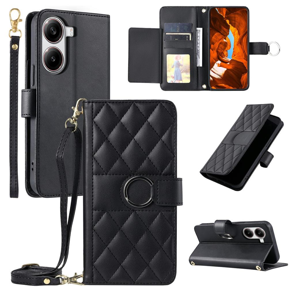 For Xiaomi Poco X7 Pro 5G/Redmi Turbo 4 5G Crossbody Leather Case Ring Buckle Wallet Stand Rhombus Mobile Cover