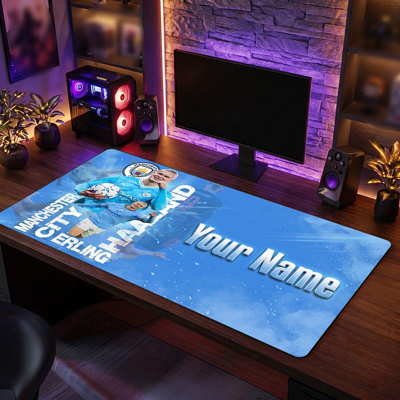 Erling Haaland Custom Large Mouse Pad, Personalized Name Text Print, Football Logo Non‑Slip Desk Mat Gaming Gift