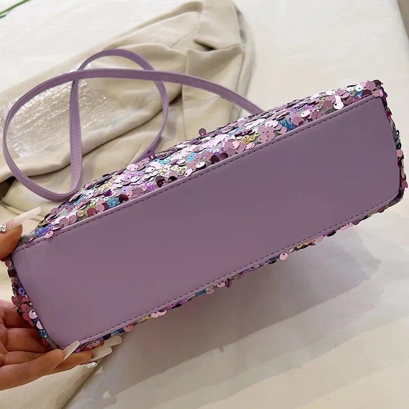 2024 New Fashion Women Evening Clutch Metal Glitter Sequin Purple Gold Chain Shoulder Bags Luxury Designer Wedding Prom Handbags