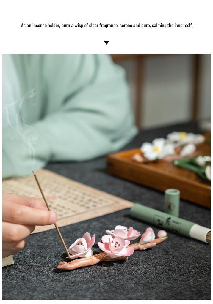 Ceramic Incense Holder & Brush Rest - Magnolia Plum Blossom Design