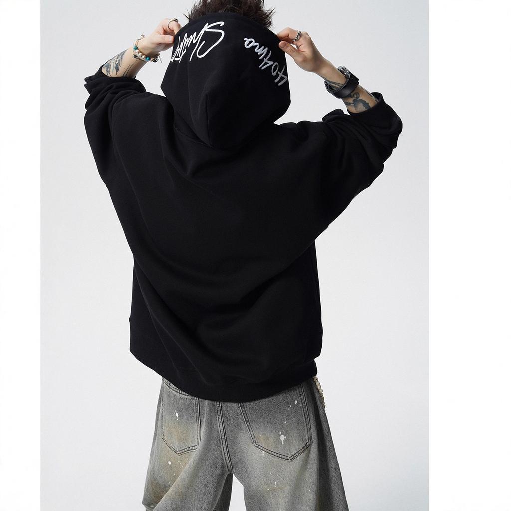 Letter Printing Plus Velvet Hooded Sweater Men's Winter High Street Casual Couple Hoodies Loose Joker Coat