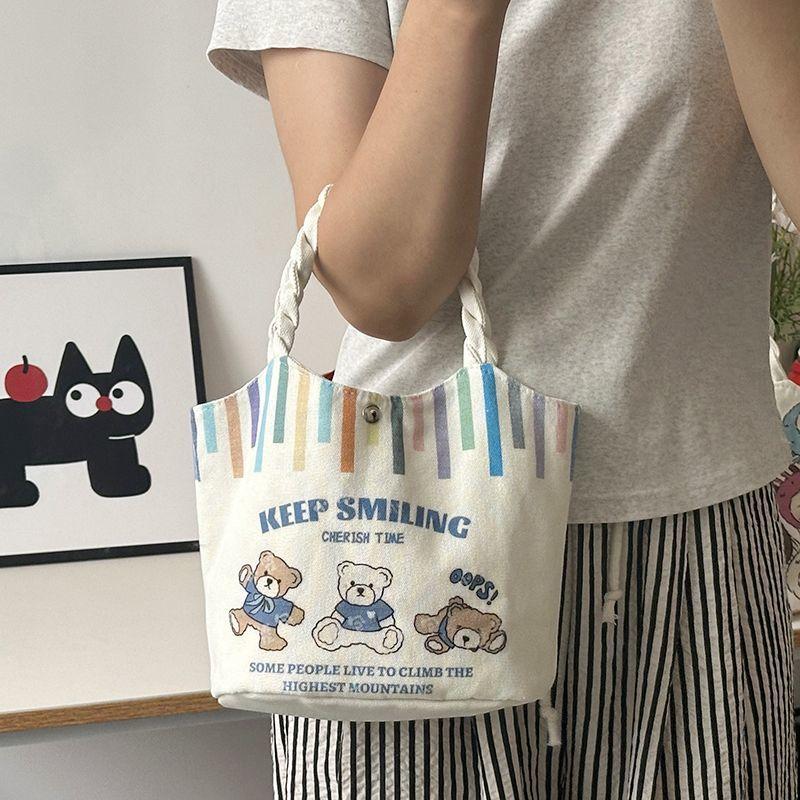 

Мультяшная милая ручная сумка-ведро, маленькая сумка для перекусов, высокая внешность, уличная досуговая холщовая сумка, большая вместимость, сумка-корзина для овощей Three Bear Rice