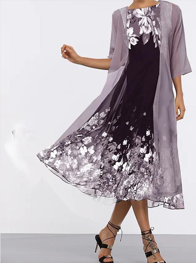 Elegant Summer Chiffon Dress Set With Floral Print For Office Wear