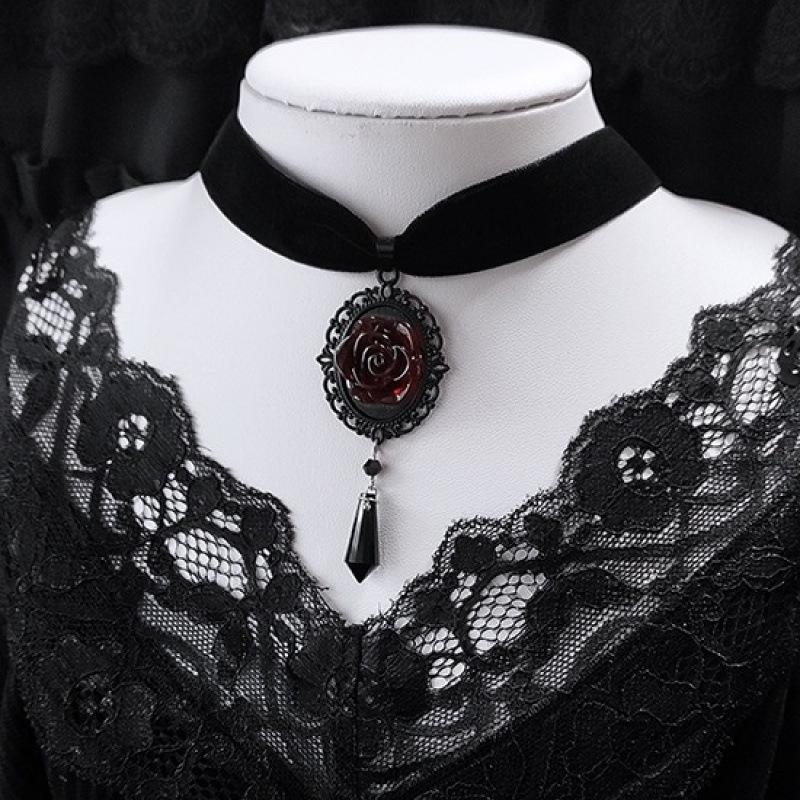 Gothic Dark Rose Choker Necklace for Halloween
