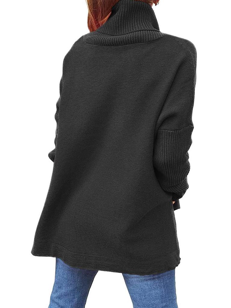 2024 Damen Hochhals Oversized Mittellanger Fledermausärmel Pullover mit Schlitzsaum und Taillengürtel