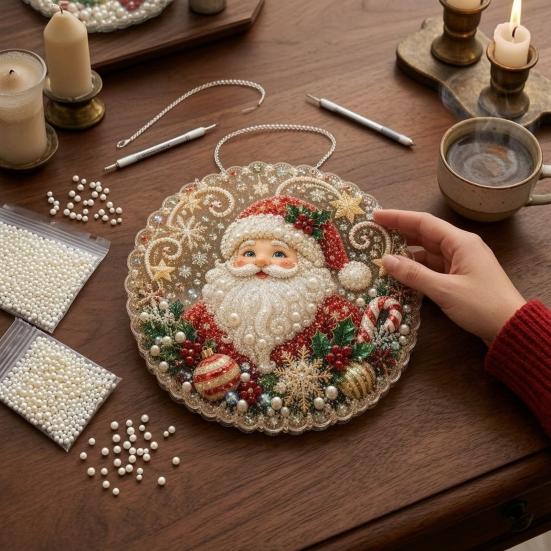 Parent Child Activity Supplies DIY Christmas Sun Catcher Kit, Faux Pearl Art Hanging Ornament, Santa Claus Festive Leisure Time Activities Xmas